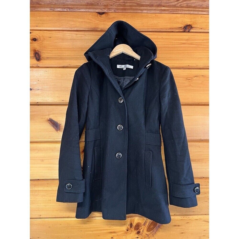 Kenneth Cole New York Wool Blend Coat Women’s Size 2 Black Button Removable Hood